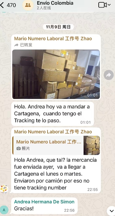 Mensajes reales de seguimiento de envío China Colombia por WhatsApp